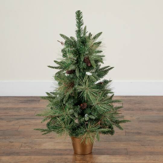Nearly Natural 3ft. Pre-Lit Artificial Snowed Mixed Pine & Pinecone Christmas Tree in Gold Decorative Planter, Warm White LED lights